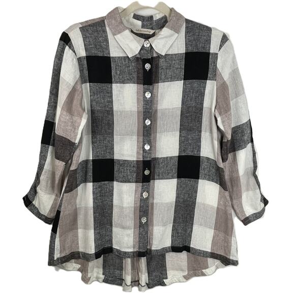 Soft Surroundings Carreaux Shirt Small Linen Blend Plaid Tunic Button Front Zip - Picture 1 of 16